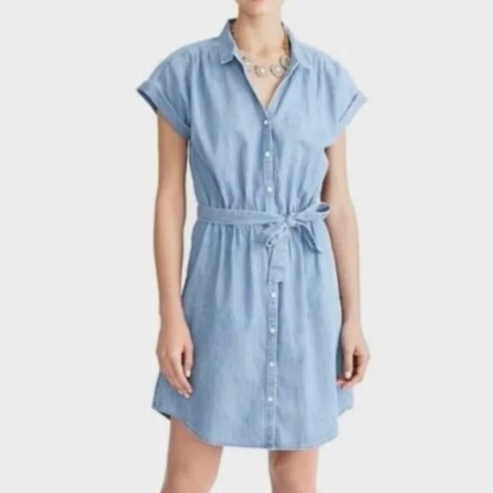 J. Crew Chambray Blue Belted‎ Shirt Dress Mini Elastic Waist Button-down Sz XS